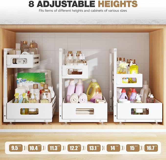 2 Pack Under Sink Organizer,Pull Out Cabinet Organizer With Smooth Cylindrical Rail,Metal Slide Out Drawer for Kitchen Bathroom Laundry Cabinet,8-Level Tool Free Height Adjustable-White