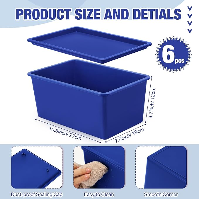 6 Pcs Storage Bins with Lids Small Plastic Storage Containers Stackable Storing Baskets Box Cute Organizer Bins for Organizing Shelves (Blue Series)