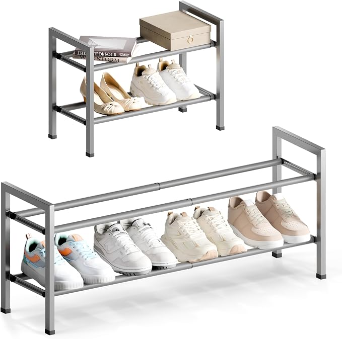 Bumusty 2 Tier Expandable Shoe Rack for Closet, Light Grey | 18"-33" Adjustable Shoe Rack for Entryway, Small Shoe Organizer for Dorm, Front Door, Sturdy Metal
