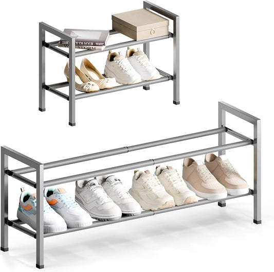 Bumusty 2 Tier Expandable Shoe Rack for Closet, Light Grey | 18"-33" Adjustable Shoe Rack for Entryway, Small Shoe Organizer for Dorm, Front Door, Sturdy Metal