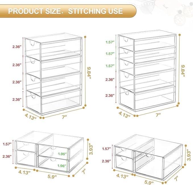 caktraie 4-Pack Acrylic 16-Drawer Storage & Makeup Organizer for Desk | Smooth-glide drawers, clear acrylic, stackable, dustproof, wipe clean, for office supplies, pens, jewelry, makeup