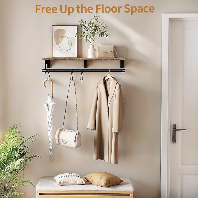 Luxspire 28.7" Wall Mount Clothes Rack with Wood Top Shelf Hanging Clothes | Black + brown, heavy duty rust-resistant metal, extra top shelf decor storage, easy install on wood brick walls
