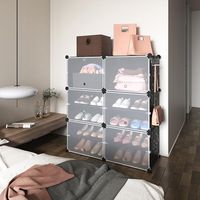 ROJASOP Portable Shoe Rack Organizer 6-Tier Shoe Cabinet 24-Pair Shoe Organizer Shoe Storage Expandable Free Standing Stackable Space Shoe Rack with 2 Exclusive Versatile Hooks for Bedroom Black