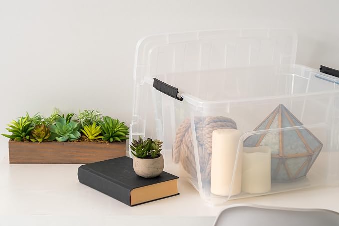 IRIS USA 6-Pack 32 Quart Storage Bins with Lids, Clear | Transparent design makes contents easy to find. Great for linens, décor, closet storage, and supplies. Nestable design saves