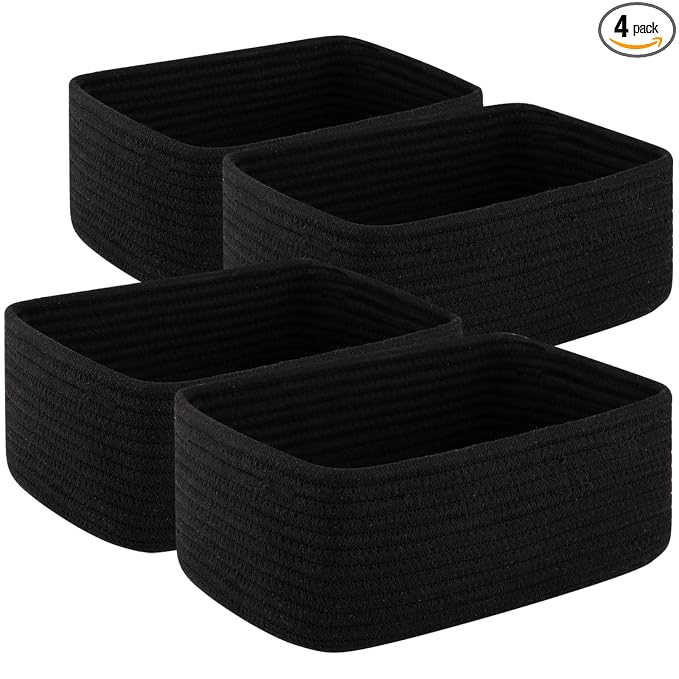 OIASKET 4 Pack Small Storage Shelf Baskets for Organizing, Mini Woven Rope Storage Bins for Towels, Cute Decorative Closet Organizer，Baby Nursery, Gift Empty Baskets -11.81''Lx7.87''Wx4.72''H-Black