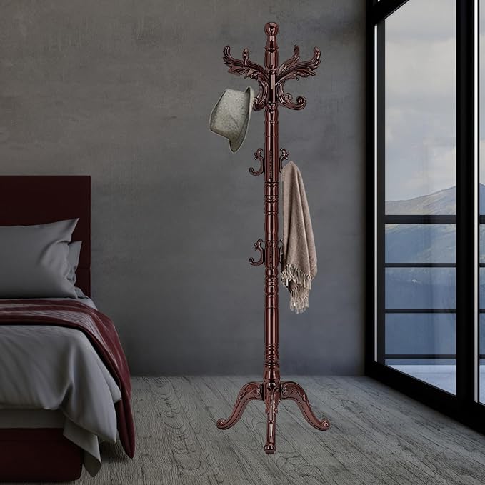 Snaikor Wooden Coat Rack Stand Sturdy Triangle Base, Natural Birch Wood Coat Racks Freestanding, Vintage Solid Wood Coat Tree Stand with 14 Hooks, Classic Sturdy Coat Racks Hall Tree for Entryway