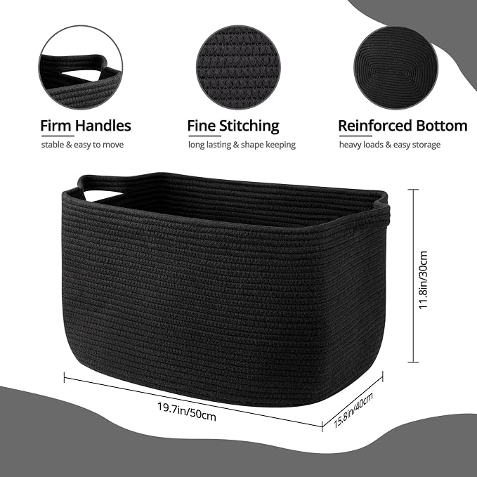 OIASKET Large Blanket Basket, Black Blanket Storage Living Room, Rectangle Woven Baskets for Storage Toys, Towels, Dirty Clothes Organizer Bins (Black)