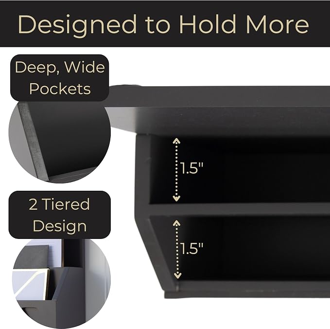 BLU MONACO | Wall-Mounted Mail and Key Holder in Grey Wood | Two-Tier Mail Organizer with Gold Hooks | Entryway Command Center for Home or Office