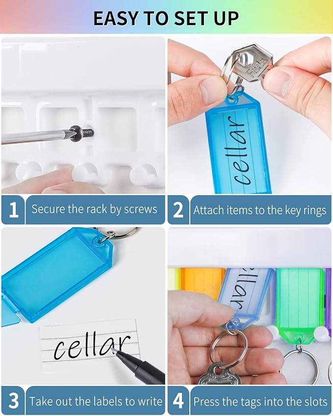 Uniclife 4 Pack Key Tag Rack, Slot Style Wall Mount Key Holder Organizer | Plastic Slot-Style Wall Rack Keeps Labeled Keys Organized with Transparent Tough Key Tag Identifiers in 8 Assorted Colors.