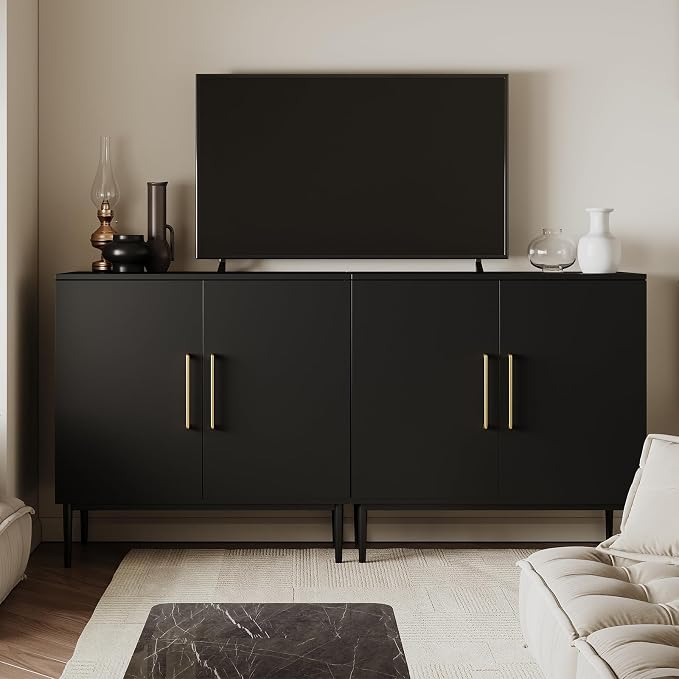 Black Storage Cabinet with Doors, Modern Accent Cabinet, Free Standing Cabinet with Adjustable Shelf, Wooden Buffet Sideboards for Living Room, Kitchen, Dining Room, Entryway