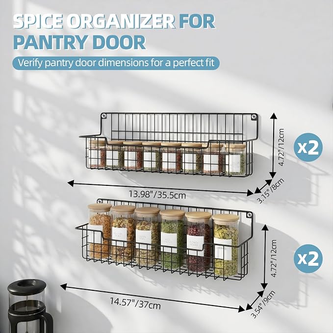Spice Rack Wall Mount, Spice Organizer for Cabinet & Pantry Door, Set of 4 Hanging Spice Rack Saving Space for Kitchen, Black