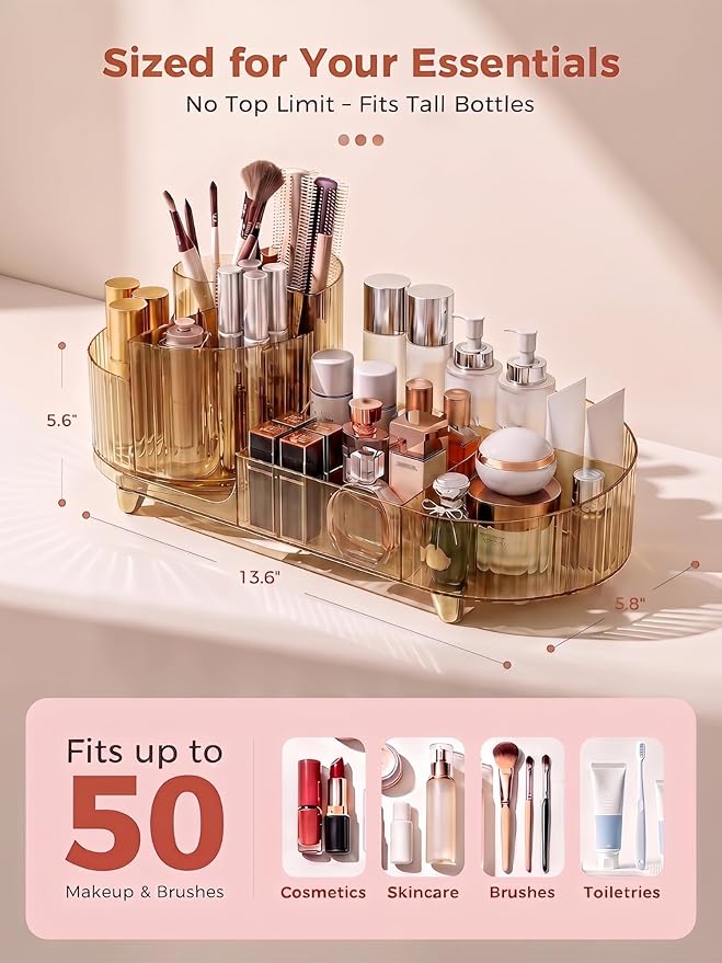 Booklov Rotating Makeup Organizer for Vanity Countertop, Amber | Clear Acrylic Cosmetic Display Case, Large Beauty Brush Holder for Bathroom Counter, Skincare Lipsticks Storage