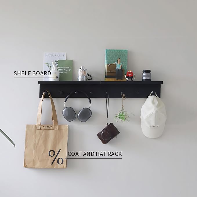 Entrance Coat Rack ，Coat Hooks, Wall-Mounted Wooden Hook Rack, Wall-Mounted Shelves are Very Suitable (Black Color Finish—A-2)
