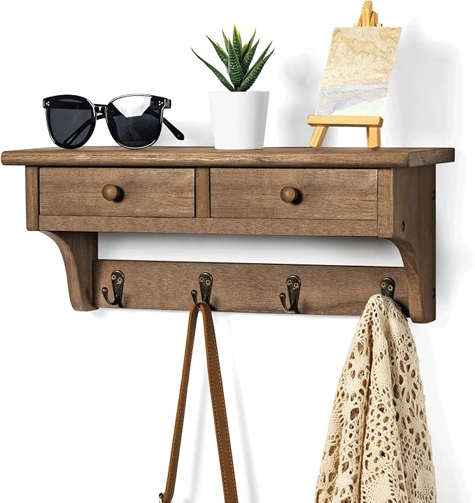 Emfogo Coat Hooks Mounted, Rustic Wood Coat Rack Mount Shelf with Hooks, Farmhouse Coat Rack with Shelf & Coat Hook for Entryway, Mudroom, Bedroom, Kitchen, Bathroom(Walnut)