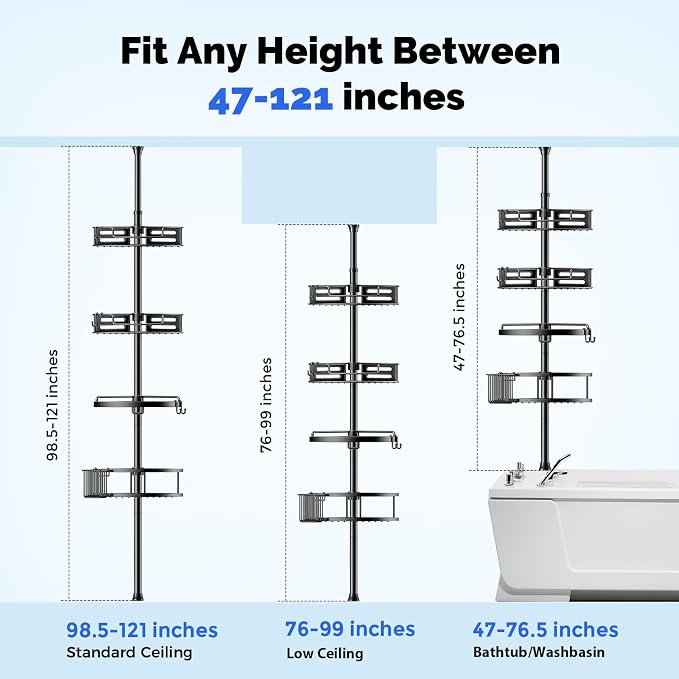 HAMITOR Corner Shower Caddy Tension Pole: Quick Installation 4-Tier Rustproof Bathroom Organizer Shelves for Bathtub Shampoo Storage - 47-121 inch Adjustable Floor Standing Bath Rack Holder - Black | No-Drill Setup, Adjustable Height Tension Pole, Rust...