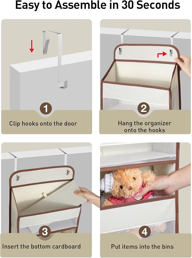 Yecaye Hanging Over the Door Organizer 1 Pack, 35.2lbs Load Toy Stuffed Animal Storage, Swing-proof Bathroom Organizers and Storage for Nursery Newborn Baby Essential Stuff Beige