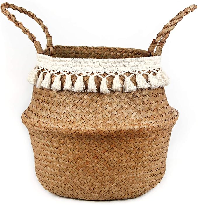Boho Woven Seagrass Belly Basket for Storage Plant Basket or Toy Basket Living Bathroom (Large, Beige)