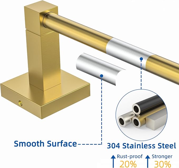RUACQ Towel Bar 18" Towel Racks for Bathroom Wall Mounted, Brushed Gold | One-Piece Bath Towel Holder, Total Length 20 Inch Single Towel Rod, 304 Stainless Steel Rustproof, Square Base, Heavy Duty
