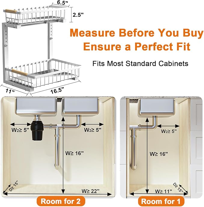 Under Sink Organizer, White 2 Pack Height Adjustable | 2 Tier Pull Out Drawer, Under Sink Organizers and Storage, Cabinet Storage for Kitchen Bathroom