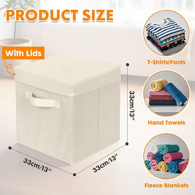 ShellKingdom Storage Bins, Foldable Fabric Storage Cube with Lid for Closet | Clothes Storage Organizer Drawer For Closet Toys Storage, 13 X 13 X 13 INCH, 2 Pack (Beige)
