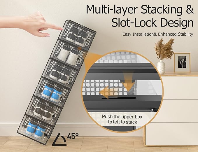 Kuject XXX-Large Shoe Storage Boxes 12 Pack, Clear Stackable Shoe Organizer | Shoe Case for Closet, Entryway & Under-Bed Storage, Drop-Front Design, Space-Saving Solution for Family Organization,Black