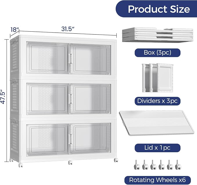 150GAL Extra Large Storage Bins with Lid, 600Qt Stackable Closet Organizers and Drawers, Collapsible Storage Bins with Wheels, Folding Containers for Home, Kitchen Office, 3Pack White
