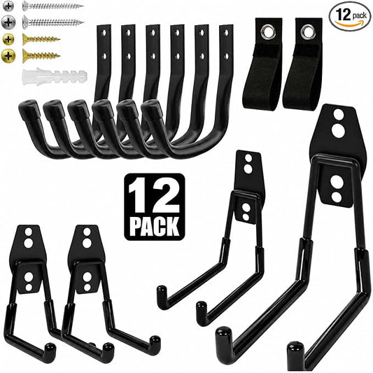 Heavy Duty Wall Garage Hooks, Steel Anti-Slip Utility Hooks Storage Organization Hangers for Ladders, Bikes, Hose, Garden Tools, Coats, Bags with Mounting Hardware Kit (Black, 10 Pack)