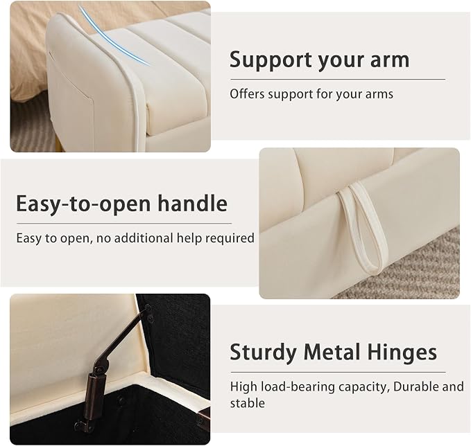 End of Bed Storage Bench, 51'' Velvet Storage Benches for Queen Size Bedroom Foot of Bed, Storage Ottoman Bench with Golden Legs and Pillow for Living Room Window Entryway, Cream