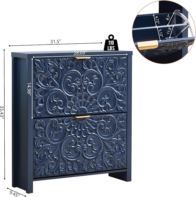 weselon Flip Drawer Shoe Cabinet Set of 2, Narrow Shoe Storage Cabinet, 2-Tier Hidden Shoe Organizer with Carved Floral for Entryway, Slim Shoes Storage for Hallway Foyer (2, Midnight Blue)