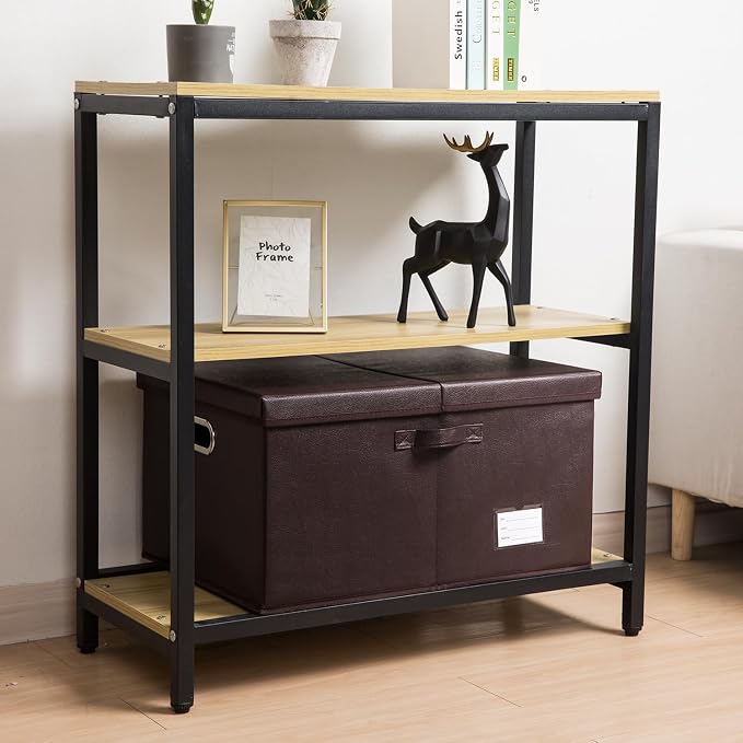 PRANDOM Collapsible Storage Box with Lid [3-Pack] Leather Fabric Foldable Storage Bin Organizer Container Basket Cube with Cover for Home Bedroom Closet Office Nursery Brown(22.8X15.7X11.8)
