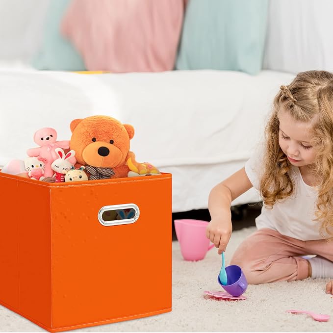 Black Fabric Cubby Storage Bins,13x13x13 Inches ,Cube Organizer Bin Foldable Storage Boxes with Dual Handles Fabric Organizer Box and collapsible Storage basket,Set of 3,Orange