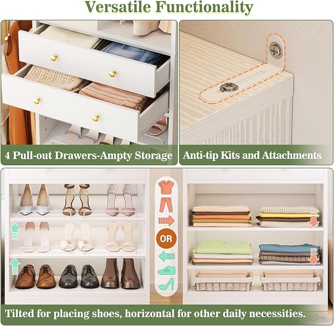 Besiost Closet System, Up to 134"/11.2 FT Closet Organizer with 4 Wooden Drawers and Shelves, Walk-in Closet System with 6 Hanging Rods, Built-in Closet Can Fit 96"/8FT, 120"/10FT, White Set 2