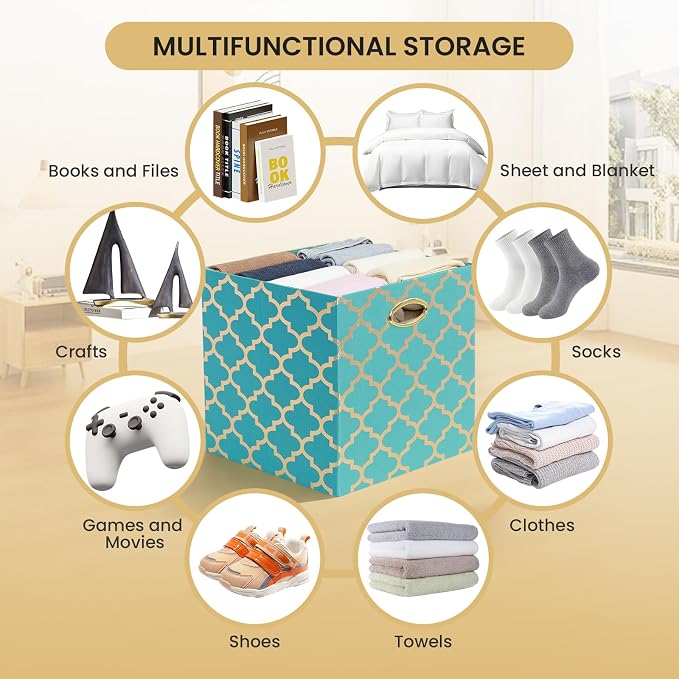 Posprica 13x13x13 Storage Cube Bins, Collapsible Storage Bins Fabric Storage Cubes Organizer Baskets Box Drawers for Shelves, Closet, Wardrobe, Bookshelf, Cabinet, Sky Blue/Gold Lantern, 4 Pack
