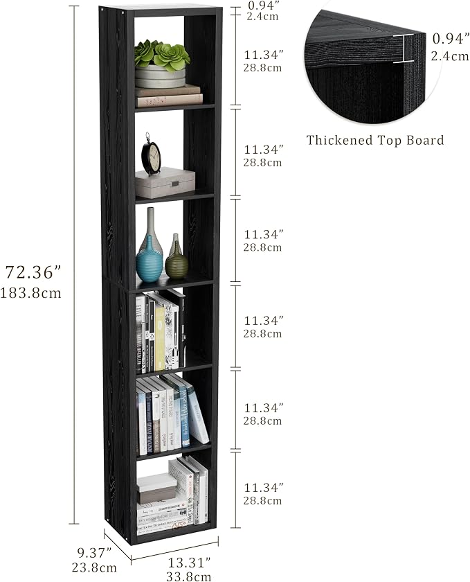VDNEND Tall Cube Storage Organizer Bookcase, 6 Tier 11 inch Open Back Cubical Shelf with Thickened Border, Display Bookshelf for Living Room, Home Office, Sturdy Room (Black, 6 Cube,Vertical)