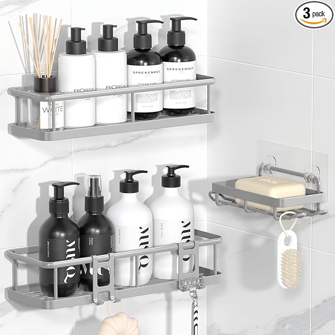 YASONIC Shower Caddy Adhesive, Rustproof Shower Organizer with Soap Holder, Large Capacity Shower Shelves for Inside Shower, No Drilling Bathroom Organizers and Storage for Home Decor（3 Pack Grey）