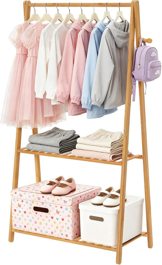Kids Clothing Rack Small Baby Clothes Racks Bamboo Garment Rack 50"H | Wooden Short Mini Dress Up Costume Rack with Shelves for Hanging Clothes, Nursey Toddler Shower Children Clothes Hanger Rack