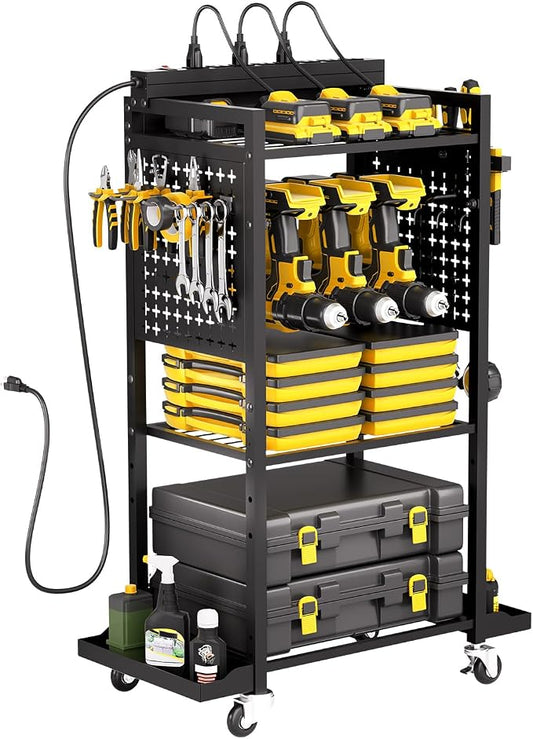 VEVOR 4-Tier Tool Organizer Cart with Charging Station, 8 AC Outlet, Floor Stand Rolling Drill Holder and Tool Battery Storage Rack on Wheels, Garage Floor Rolling Storage Cart for Workshop, Garage