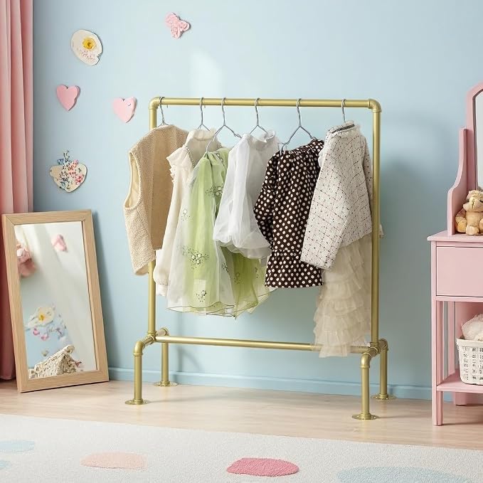 Kids Pipes Dress up Clothing Rack, Kids Clothes Rack, Child Garment Rack | Heavy Duty Hanging Clothes Rod, Toddler Clothing Rack, Baby Clothes Organizer, Girls Storage Wardrobe Organizers, Gold Metal