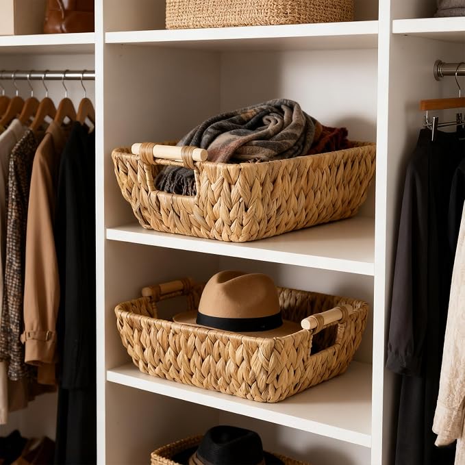 Wicker Baskets with Wooden Handles, Large Water Hyacinth Storage Baskets | 2 Pack, Natural Water Hyacinth Woven Basket for Organizing Shelves, Handwoven Gift Baskets Empty for Snack Display Home Decor