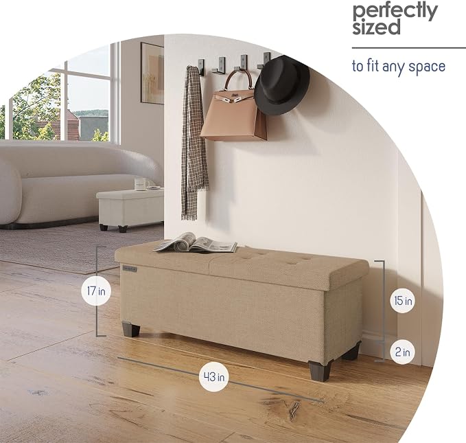 Storage Ottoman Bench with Bins, 43-in Storage Bench for Bedroom End of Bed, Folding Foot Rest Ottoman for Living Room Max 660lbs, Fabric Ottomans, Taupe