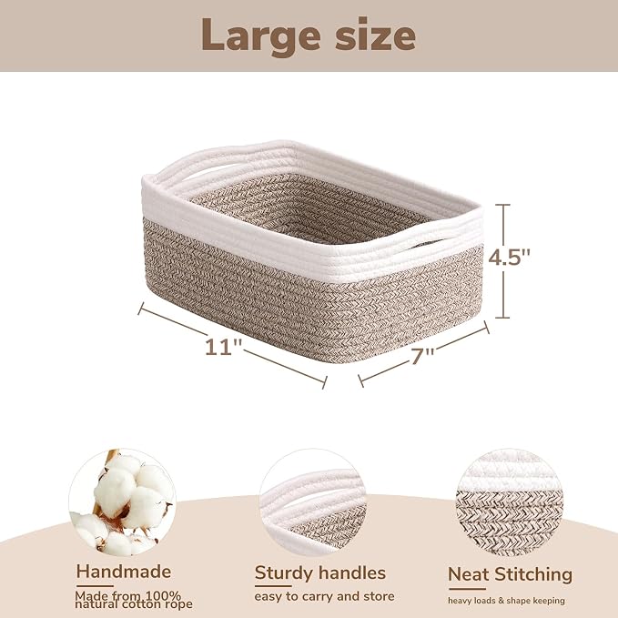 Goodpick 3-Pack Rope Storage Baskets for Gifts,11 x 7 x 4.5 in | Empty Baskets for Shelves, Dog Toy Basket, Closet Baskets for Organizing, Empty Baskets for Gifts, White & Light Brown