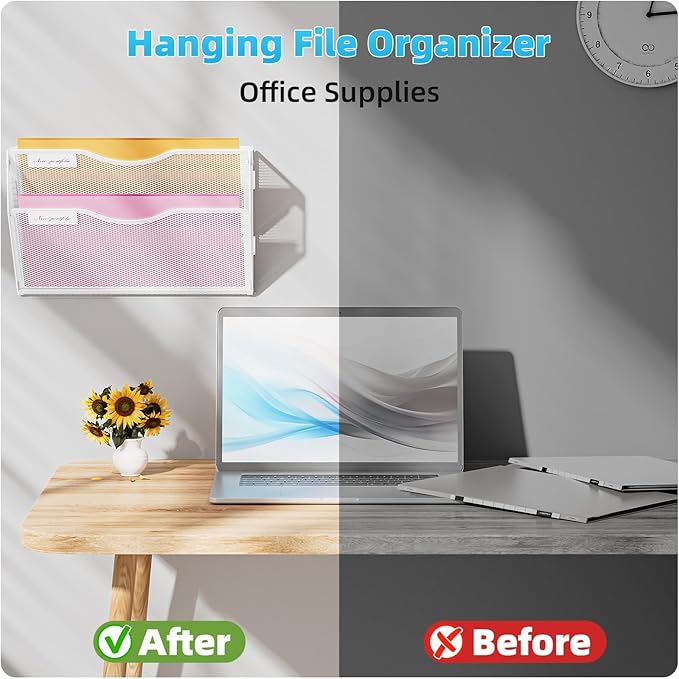 Marbrasse Wall File Holder 2-Tier Hanging Wall File Organizer, Mesh Mail Holder for Papers, Wall Mount File Clipboard & Magazine Organizer Great for Office Home - 2P(White)