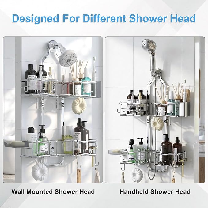 Shower Caddy Hanging Organizer Over Showerhead with Hooks, Silver | Rustproof Hanging Shower Organizer for Handheld Showerheads, Shower Shelves Rack with Razor Soap Holder, Toothbrush Holder