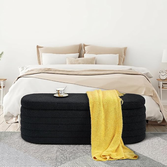 45.5" Black Ottoman with Storage, Sherpa | Upholstered Oval Design, Safety Hinge Lid, end of bed storage bench, Bedroom & Living Room, Entryway