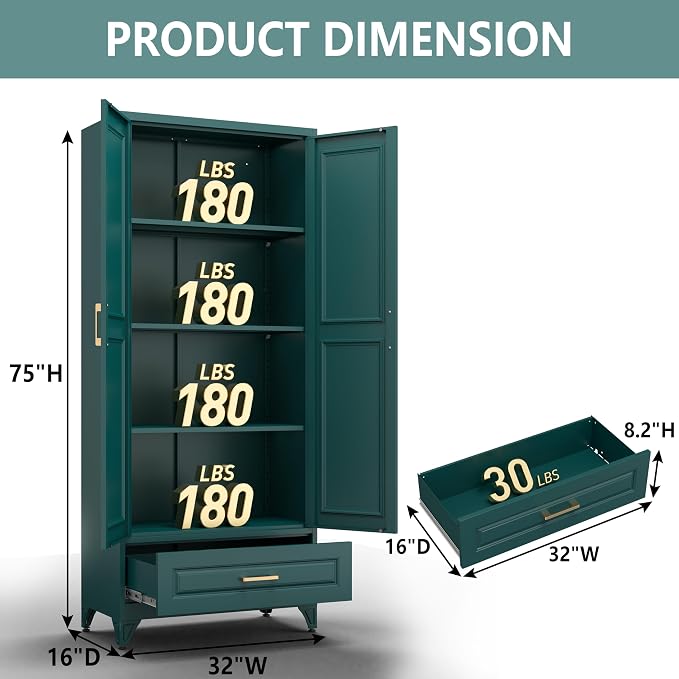 Polup 75" Metal Storage Cabinet, Tall Kitchen Pantry Cabinet with 1 Drawer | Green Heavy-Duty Steel Cupboard, 2 Doors, 3 Adjustable Shelves, Magnetic Latch, Gold Handles, for Dining Living Room, Laundry