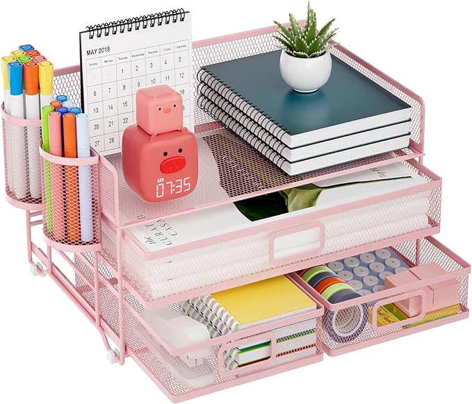 Marbrasse 3 Tier Mesh Desk Organizer with Drawer, Multi-Functional Desk Organizers and Accessories, Paper Letter Organizer with 2 Pen Holder for Home Office Supplies (Pink) | Paper Tray Organizer, File Holder for Desk, Metal Mesh Office Organization fo...