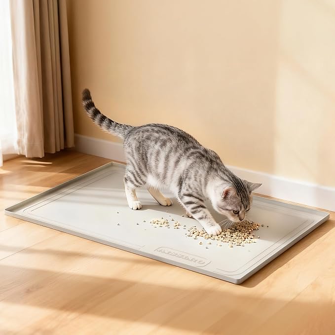 Under Sink Mat 34" X 22", Waterproof Silicone Cabinet Kitchen Liner, Beige | BPA-Free Raised-Edge Cabinet Protector & Leak Tray for Bathroom Cabinets, Boots, Pet Feeding Dog & Cat Mats, Dishwasher Safe