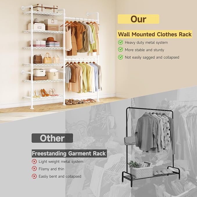 H2 Wall Mounted Clothing Rack, Expandable Industrial Pipe Clothes Rack Garment Racks for Hanging Clothes, Heavy Duty Closet Organizers and Storage in Closet System, White
