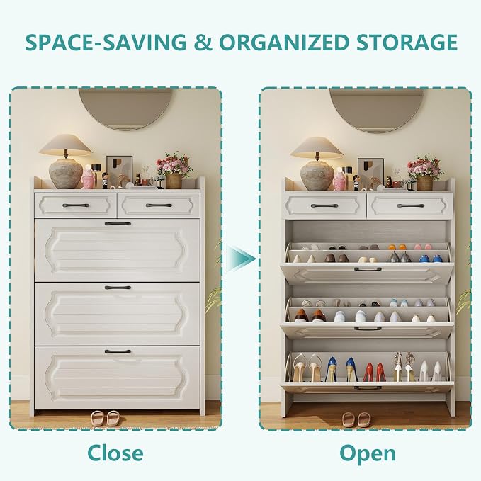 ODUWA Shoe Cabinet with 3 Flip Drawers and 2 Storage Drawers, Shoes Organizer Cabinets with Adjustable Divider, Hidden Shoe Rack Shoe Storage Cabinet for Entryway, Hallway, White
