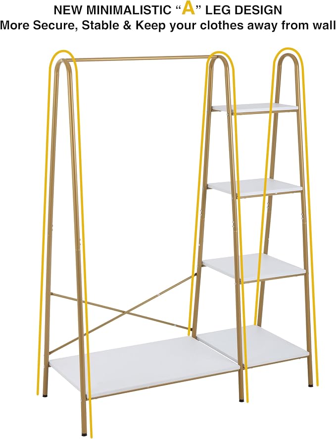 Finnhomy Clothes Rack, Clothing Rack for Hanging Clothes Heavy Duty Garment Rack with 5 Wood Shelves Freestanding Portable Closet Organizer for Bedroom/Entryway/Boutiques，Gold